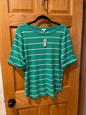 Talbots XL green/white striped 3/4 cuffed sleeved knit top NWT